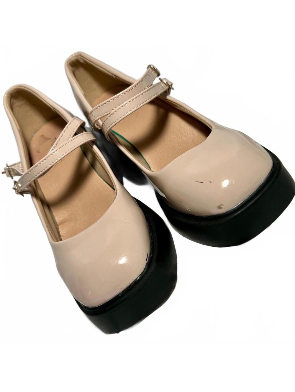 TOP MODA Womens 6.5 Nude Patent Mary Jane Platform Heels Double Strap Chunky Y2K